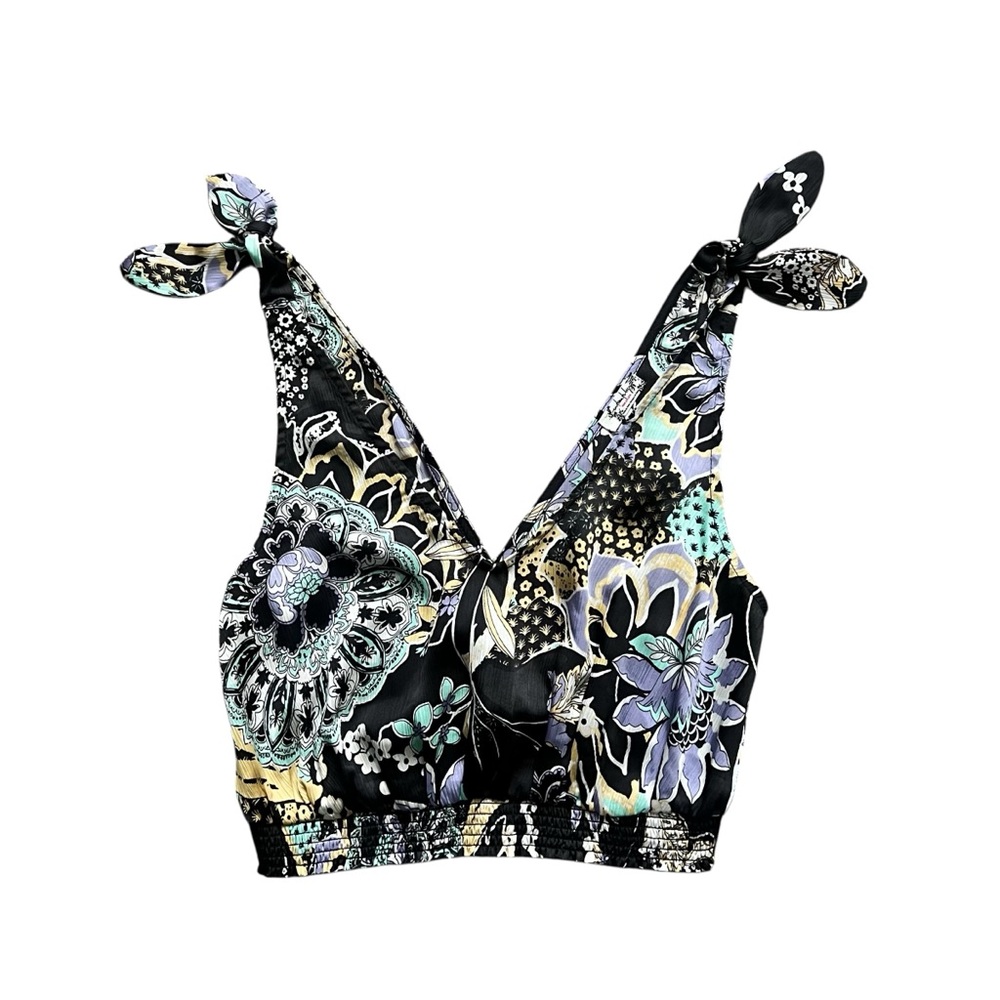 Free People Tie Shoulder Cinched V Neck Crop Tank Black White Purple Size XS